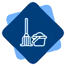 The image displays cleaning icons, including a mop and bucket, typically representing housekeeping or janitorial services.